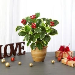 Nearly Natural 14-in Variegated Holly Leaf Artificial Plant in Ceramic Planter (Real Touch) -Northlight Christmas Store GUEST 6d793377 eff4 4d45 9ada f386b69856a9