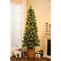LuxenHome 6.5ft Pre-Lit LED Artificial Slim Fir Christmas Tree with Pot