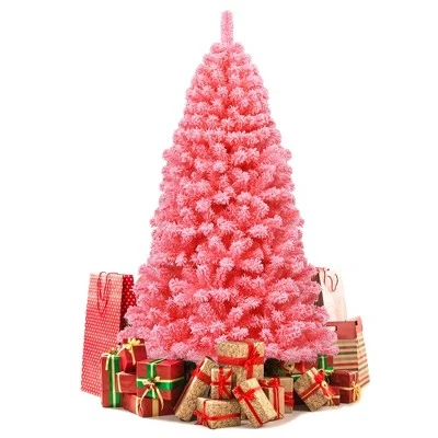 Costway 6.5ft Snow Flocked Hinged Artificial Christmas Tree w/ Metal Stand Pink 11 Costway 6.5ft Snow Flocked Hinged Artificial Christmas Tree w/ Metal Stand Pink - Image 9