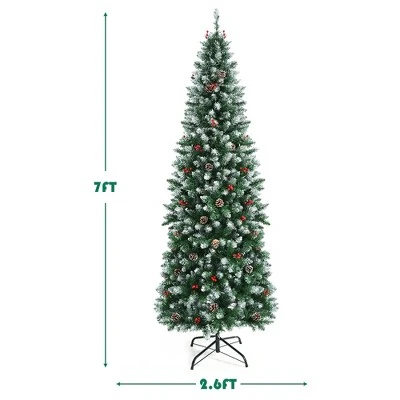 Costway 7ft Pre-lit Artificial Hinged Pencil Christmas Tree Decorated Snow Flocked Tips 5 Costway 7ft Pre-lit Artificial Hinged Pencil Christmas Tree Decorated Snow Flocked Tips - Image 3