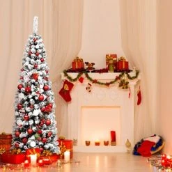 Tangkula Pencil Artificial Christmas Tree Snow Flocked Pencil Tree with Flexible Stand