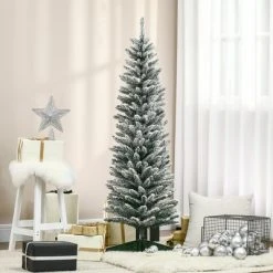 HOMCOM 59" Snow Flocked Artificial Pencil Christmas Tree, Slim Xmas Tree with Realistic Branches and Plastic Base Stand for Indoor Decoration