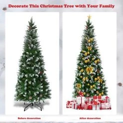 Tangkula 6FT Artificial Pencil Christmas Tree Snow Flocked Tree w/ Pine Cones and Metal stand -Northlight Christmas Store GUEST 7840ae63 06ec 4777 ad0e ccd1c5fe94c0
