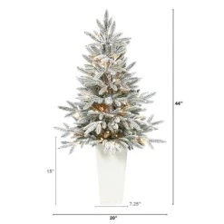 Nearly Natural 44-in Flocked Manchester Spruce Artificial Christmas Tree with 50 Lights and 133 Bendable Branches in White Planter