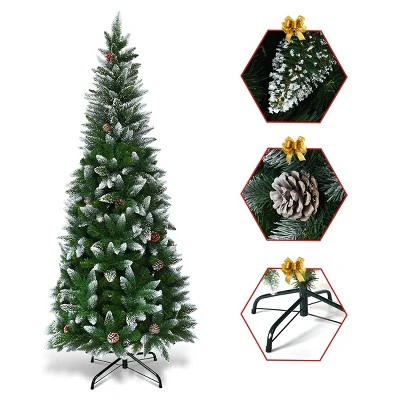 Tangkula 5'Artificial Pencil Christmas Tree Snow Flocked Tree w/ Pine Cones and Metal stand 6 Tangkula 5'Artificial Pencil Christmas Tree Snow Flocked Tree w/ Pine Cones and Metal stand - Image 4