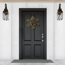 National Tree Company Pre-Lit Artificial Christmas Star Wreath, Green, Glittery Bristle Pine, White Lights with Pine Cones, Frosted Branches,14 Inches