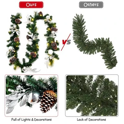 Costway 9ft Pre-Lit Artificial Christmas Garland with Mixed Decorations and LED Lights 8 Costway 9ft Pre-Lit Artificial Christmas Garland with Mixed Decorations and LED Lights - Image 6