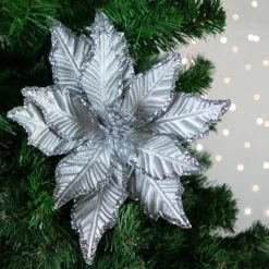 Northlight 25" Glittered Silver Poinsettia Christmas Stem Spray