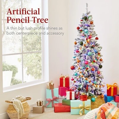 Best Choice Products 6ft Pre-Lit Artificial Snow Flocked Pencil Christmas Tree Decoration w/ 250 Multicolor Lights 5 Best Choice Products 6ft Pre-Lit Artificial Snow Flocked Pencil Christmas Tree Decoration w/ 250 Multicolor Lights - Image 3