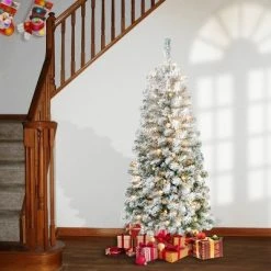 National Tree Company First Traditions Pre-Lit Medium Flocked Acacia Hinged Artificial Christmas Tree Clear Lights