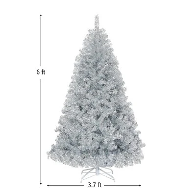 Costway 6Ft Hinged Unlit Artificial Silver Tinsel Christmas Tree Holiday w/Metal Stand 3 Costway 6Ft Hinged Unlit Artificial Silver Tinsel Christmas Tree Holiday w/Metal Stand