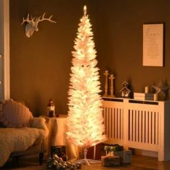 HOMCOM 7' Tall Pre-Lit Slim Noble Fir Artificial Christmas Tree with Realistic Branches, 200 Warm White LED Lights and 499 Tips