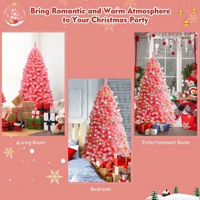 Costway 6.5ft Snow Flocked Hinged Artificial Christmas Tree w/ Metal Stand Pink 8 Costway 6.5ft Snow Flocked Hinged Artificial Christmas Tree w/ Metal Stand Pink - Image 6