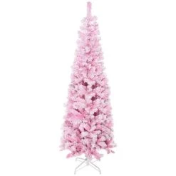HOMCOM 6' Tall Unlit Snow Flocked Artificial Christmas Tree Slim Pencil Xmas Tree with Pine Shape and Realistic Branches, Pink -Northlight Christmas Store GUEST 9605ec18 d90e 4c6e a126 fc827f72e3d0