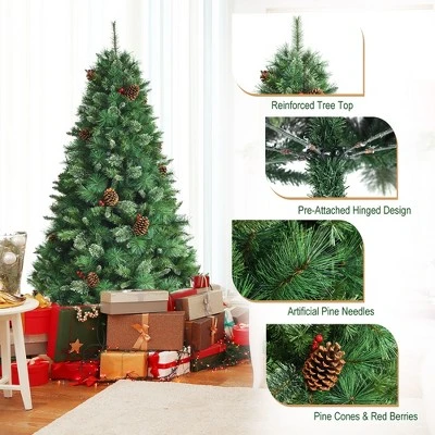 Costway 6ft 7ft8ft Unlit Hinged PVC Artificial Christmas Pine Tree with Red Berries 11 Costway 6ft 7ft8ft Unlit Hinged PVC Artificial Christmas Pine Tree with Red Berries - Image 9