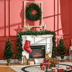 HOMCOM Prelit Holiday Christmas 4-Piece Set, Garland Wreath and Set of 2 Entrance Trees with Warm White LED Lights, Red Berries, Pine Cones, Green -Northlight Christmas Store GUEST 9da77310 3cd3 481a 93c6 cedaff0a8e4c
