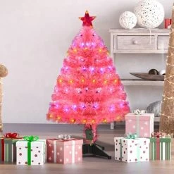HOMCOM 35.5" Tall Pre-Lit Douglas Fir Artificial Christmas Tree with Realistic Branches, 90 Multi-Color LED Lights, Fiber Optics, and 90 Tips, Pink -Northlight Christmas Store GUEST a55a533a 54a6 4950 a891 645f86c7971a