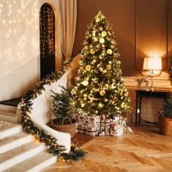 Tangkula 7.5FT Artificial Christmas Tree with 250 LED Lights Pre-Lit Hinged Xmas Tree with 1242 Branch Tips