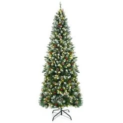 Costway 7ft Pre-lit Artificial Hinged Pencil Christmas Tree Decorated Snow Flocked Tips