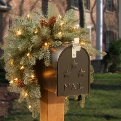 National Tree Company 36" Frosted Arctic Spruce Mailbox Swag with Battery Operated Warm White LED Lights