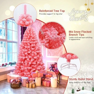 Costway 6.5ft Snow Flocked Hinged Artificial Christmas Tree w/ Metal Stand Pink 10 Costway 6.5ft Snow Flocked Hinged Artificial Christmas Tree w/ Metal Stand Pink - Image 8