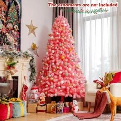 Costway 7.5ft Snow Flocked Hinged Artificial Christmas Tree w/ Metal Stand Pink