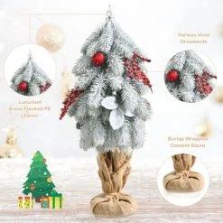 Tangkula 19" Mini Snow Flocked Xmas Tree Tabletop Artificial Christmas Tree w/ 59 Tips Burlap Cement Sand