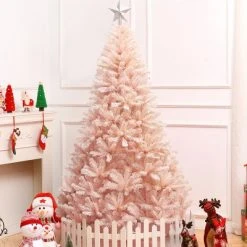 Costway 6ft/7ft Pink Christmas Tree Hinged Full Fir Tree Metal Season