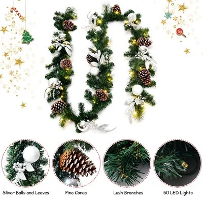 Costway 9ft Pre-Lit Artificial Christmas Garland with Mixed Decorations and LED Lights 7 Costway 9ft Pre-Lit Artificial Christmas Garland with Mixed Decorations and LED Lights - Image 5