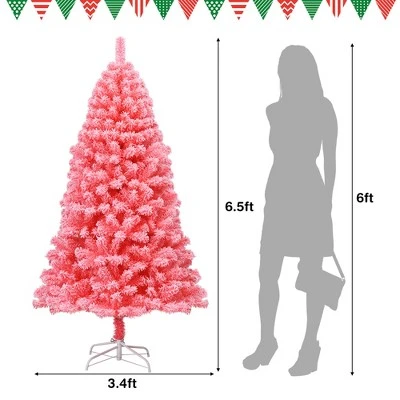 Costway 6.5ft Snow Flocked Hinged Artificial Christmas Tree w/ Metal Stand Pink 5 Costway 6.5ft Snow Flocked Hinged Artificial Christmas Tree w/ Metal Stand Pink - Image 3