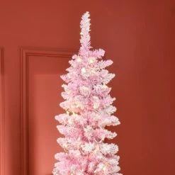 HOMCOM Prelit Snow Flocked Artificial Christmas Tree with Pencil Shape, Pine Realistic Branches, Warm White LED lights, Auto Open, Pink and White -Northlight Christmas Store GUEST c3e10932 26c8 4657 8e78 43e66fd590cc