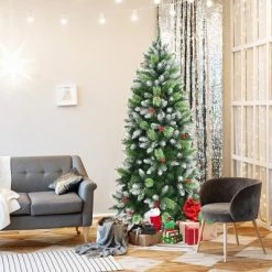 Costway 5ft6ft7.5ft Unlit Snowy Hinged Artificial Christmas Pencil Tree w/ Red Berries -Northlight Christmas Store GUEST c4011358 873b 4c48 a6c2 dade9b5061a3