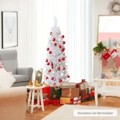 Tangkula Life-Like Slender White Christmas Tree Artificial Pencil Unlit Xmas Tree W/ Folding Metal Stand & Durable PVC