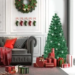 Tangkula 4/5/6/7 FT Artificial Christmas Tree Prelit Fiber Optic Xmas Tree w/ Warm White Lights 8 Light Modes