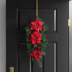 28" Pine and Poinsettia Flowers with Pinecones and Red Ornaments Artificial Christmas Swag - Wondershop™