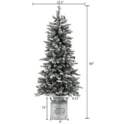 LuxenHome 5ft Pre-Lit LED Artificial Flocked Slim Fir Christmas Tree with Metal Pot and Red Holly Berries -Northlight Christmas Store GUEST ce5f993f 1266 49ac 8bcb fa5ffe1525f3