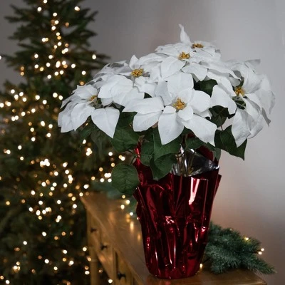 Northlight 22" White Artificial Christmas Poinsettia Flowers with Red Wrapped Base 3 Northlight 22" White Artificial Christmas Poinsettia Flowers with Red Wrapped Base
