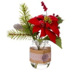 Allstate Floral 9.5" Red and Green Cabin Artificial Pine Tree Needles Winter Floral Arrangement