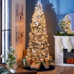 Home Heritage Anson 7-Foot Pencil Slim Pine Flocked Artificial Christmas Tree Prelit with 350 Clear Incandescent Lights, 938 PVC Tips, and Stand