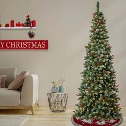 National Tree Company First Traditions 7.5' Pre-Lit LED Slim Cullen Hinged Artificial Christmas Tree Warm White Lights