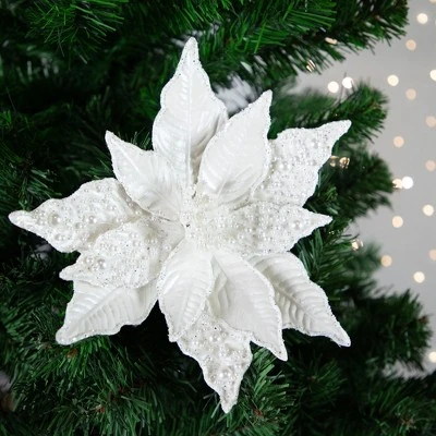 Northlight 22" Pearl White Glittered Poinsettia Christmas Stem Spray 3 Northlight 22" Pearl White Glittered Poinsettia Christmas Stem Spray
