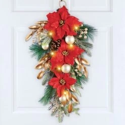 Collections Etc. Collections Etc LED Lighted Poinsettia with Gold Leaves Swag