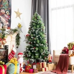 Costway 5ft6ft7.5ft Unlit Snowy Hinged Artificial Christmas Pencil Tree w/ Red Berries -Northlight Christmas Store GUEST defc54f0 e9f5 40d8 ab98 2a7e1e2378b3