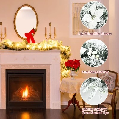 Costway 9ft Pre-lit Snowy Christmas Garland w/ Berries Poinsettia Flowers Timer 8 Costway 9ft Pre-lit Snowy Christmas Garland w/ Berries Poinsettia Flowers Timer - Image 6