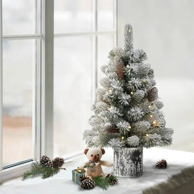2ft Puleo Pre-Lit Flocked Tabletop Artificial Christmas Tree with Pine Cones in Metal Pot 3 2ft Puleo Pre-Lit Flocked Tabletop Artificial Christmas Tree with Pine Cones in Metal Pot
