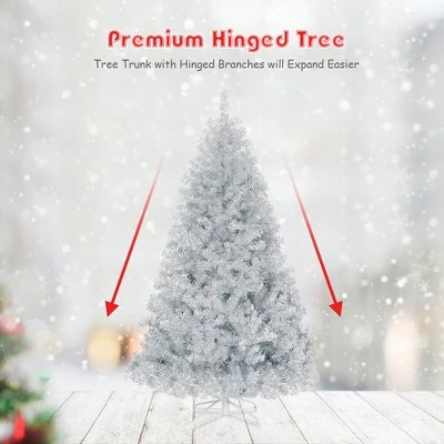 Costway 6Ft Hinged Unlit Artificial Silver Tinsel Christmas Tree Holiday w/Metal Stand 8 Costway 6Ft Hinged Unlit Artificial Silver Tinsel Christmas Tree Holiday w/Metal Stand - Image 6