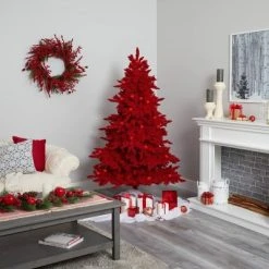 6ft Nearly Natural Pre-Lit Red Flocked Fraser Fir Artificial Christmas Tree Red Lights -Northlight Christmas Store GUEST ec8cf80f 4082 44fa 8ce8 9d77bd5a8b2c