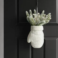 15" Hanging Knit Mitten with Flocked Greenery and Berries Christmas Artificial Plant White/Green - Wondershop™