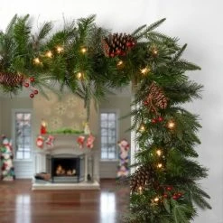 National Tree Company Pre-Lit 'Feel Real' Artificial Christmas Garland, Green, Colonial Fir, White Lights, With Pine Cones, Plug In, 9 Feet