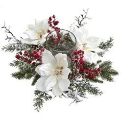 6.5" x 17" Artificial Frosted Magnolia and Berry Plant Arrangement Candelabrum - Nearly Natural